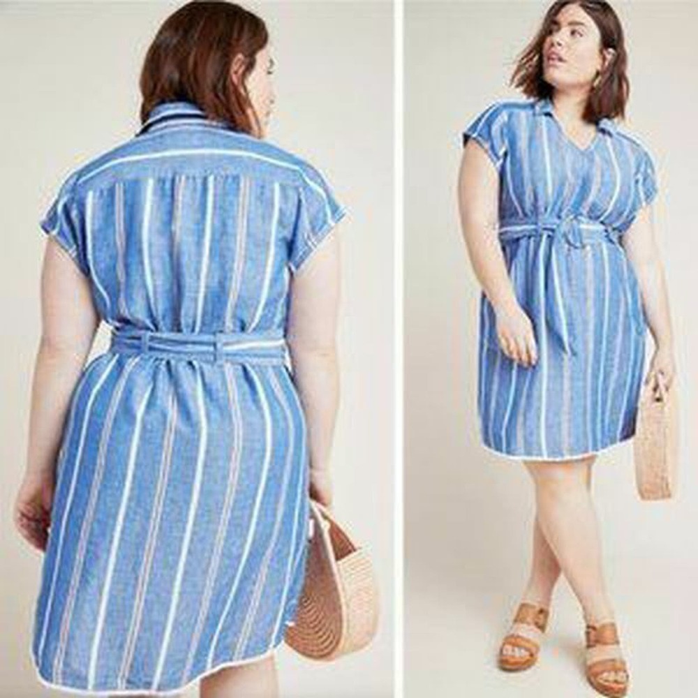 ANTHROPOLOGIE - PILCRO & THE LETTERPRESS BLUE LINEN SHIRT DRESS SIZE 26